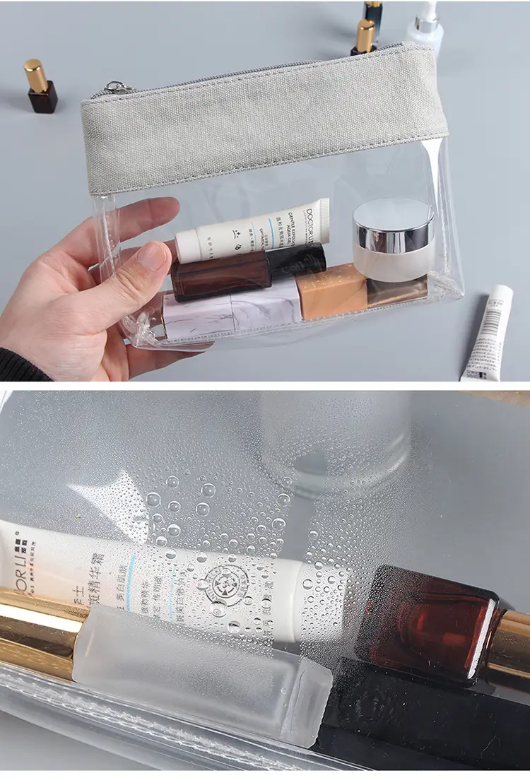 Premium fabric top clear toiletry pouch styled within a luxury hotel amenity display for corporate gifting and hospitality procurement